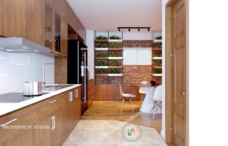 Mẫu thiết kế nội thất phòng bếp chung cư cao cấp tiện nghi với đồ nội thất gỗ hiện đại cao cấp và tận dụng tối đa ánh sáng tự nhiên Nội thất phòng bếp