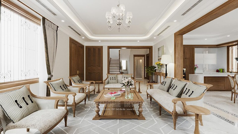 Morehome đem đến cho khách hàng mẫu thiết kế nội thất phòng khách cao cấp với chất liệu gỗ tự nhiên màu sắc nhẹ nhàng, tinh tế Thiết kế phòng khách biệt thự
