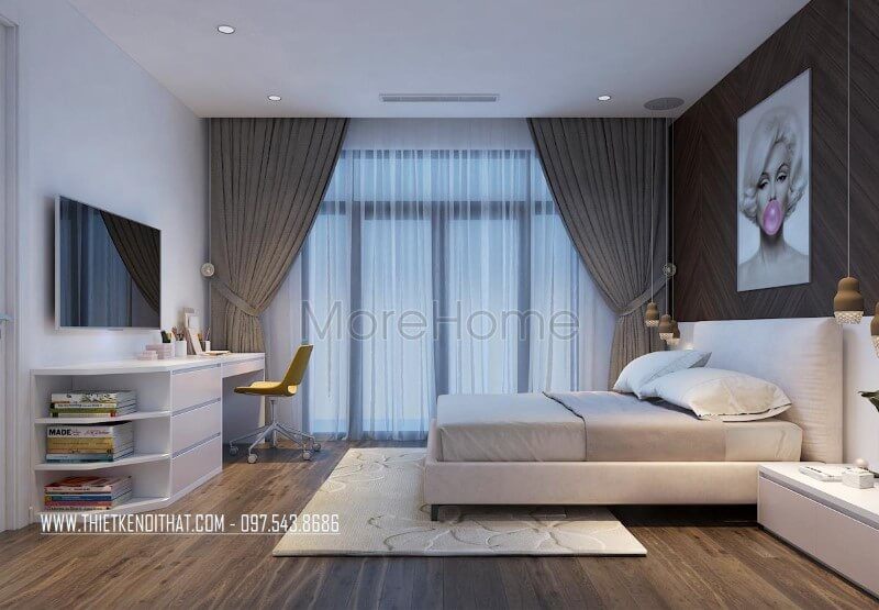Phòng ngủ không thể thiếu được yếu tố ánh sáng tự nhiên cho căn phòng khu KTS sử dụng cửa kính cường lực và trông căn phòng cũng thoáng rộng hơn