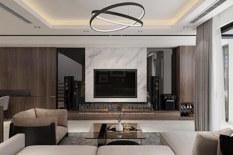 Trang trí phòng khách hiện đại đẹp ấn tượng với đá ốp tường điểm nhấn