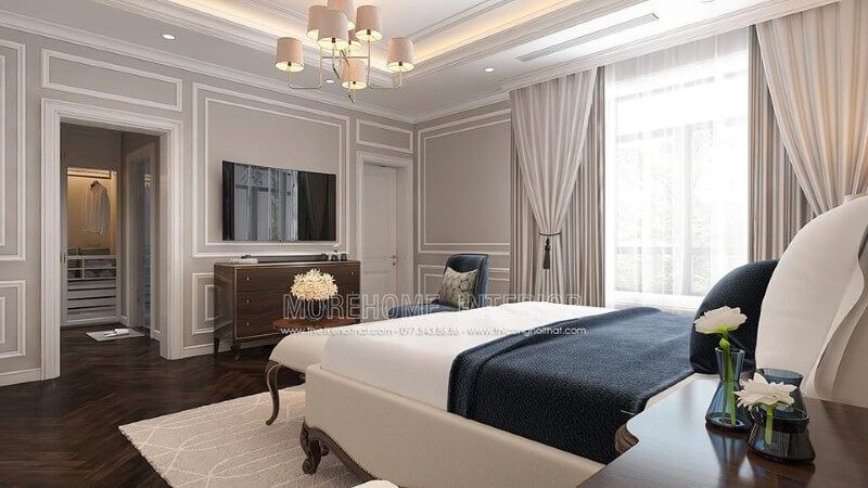 Sắp xếp nội thất phòng ngủ vợ chồng tân cổ điển sử dụng gam màu trắng chủ đạo sẽ là lựa chọn ấn tượng cho gia chủ mệnh Kim.